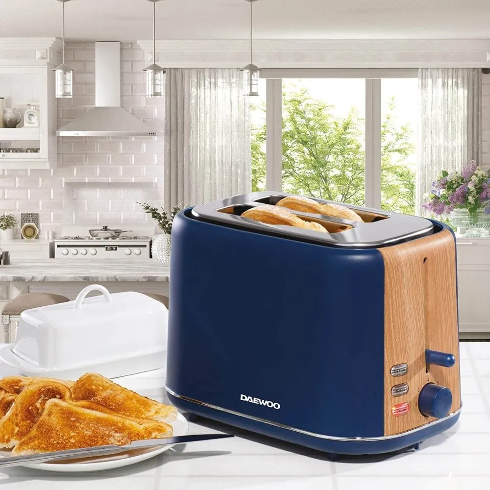 800W Navy Matt and Wood Finish Stockholm 2 Slice Toaster