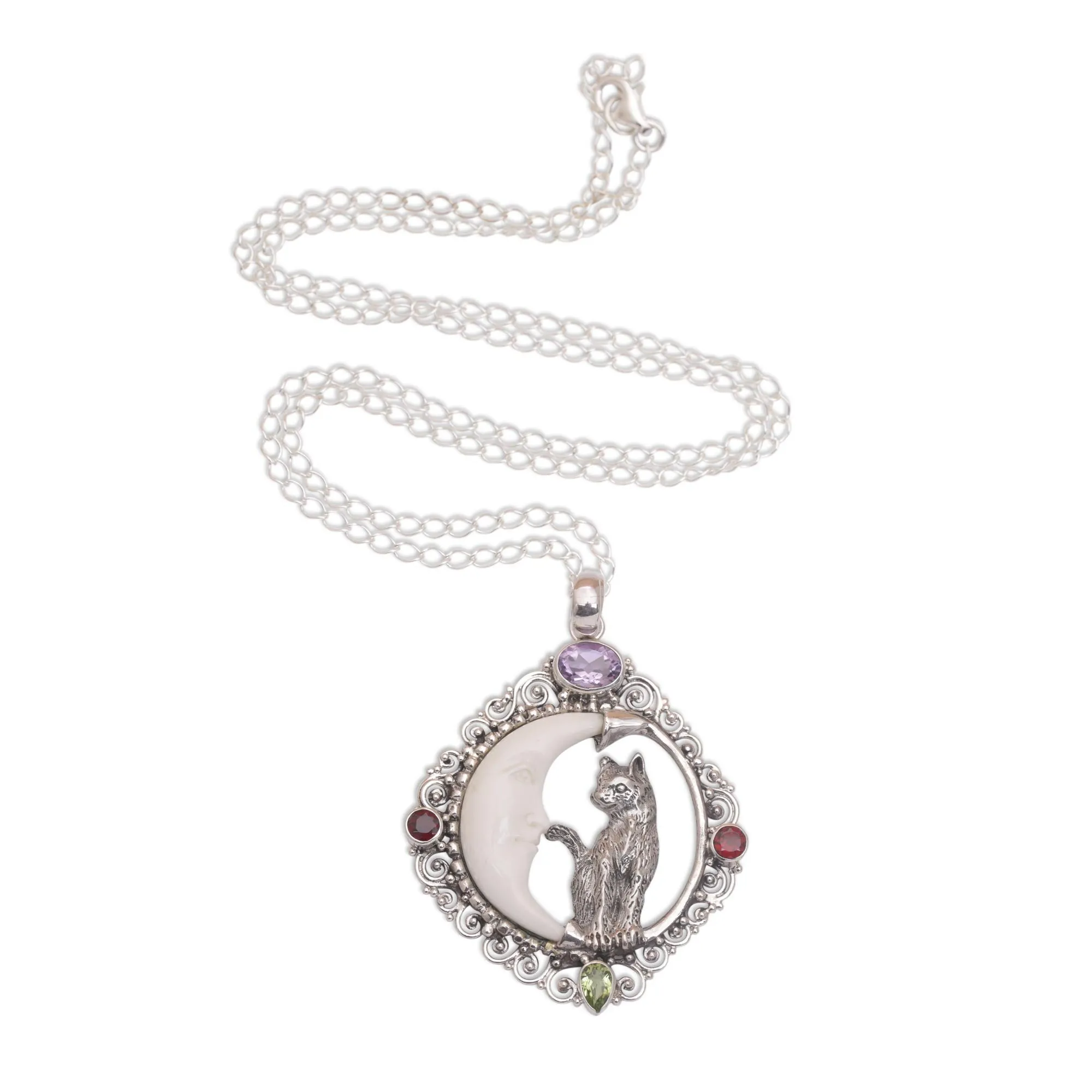 Alley Cat & Crescent Moon Pendant Necklace