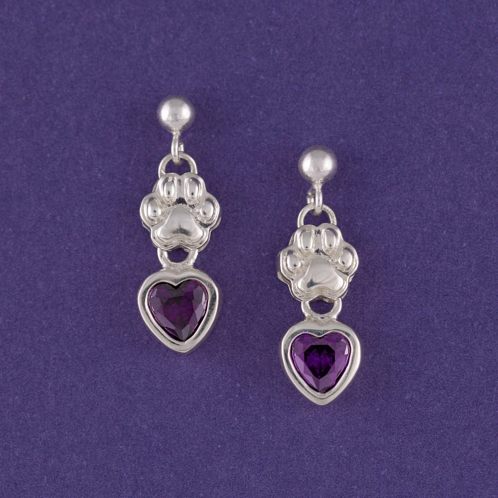 Amethyst Hearts & Paws Sterling Earrings