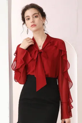 Blouse W/ Bow Tie and Ruffled Sleeve