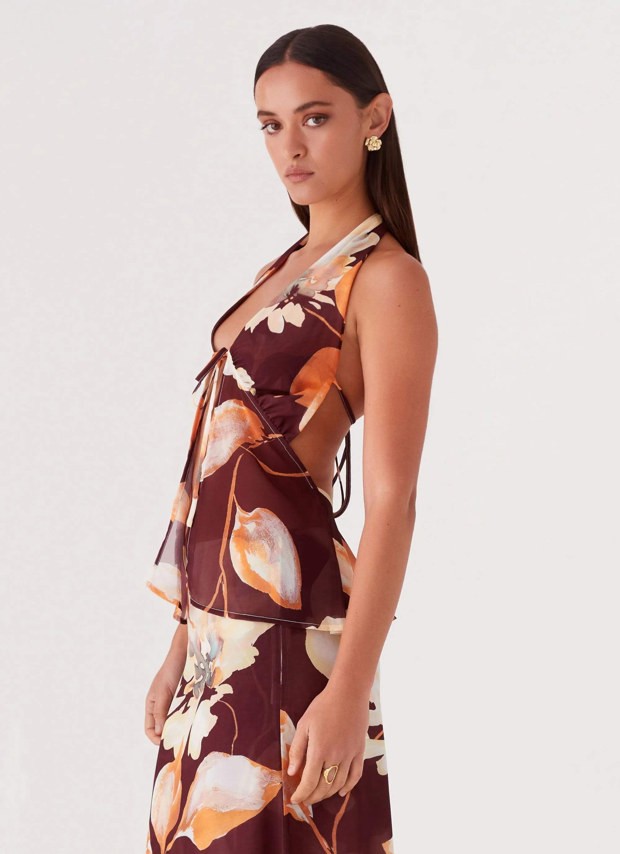 Camellia Halterneck Top - Brown Floral