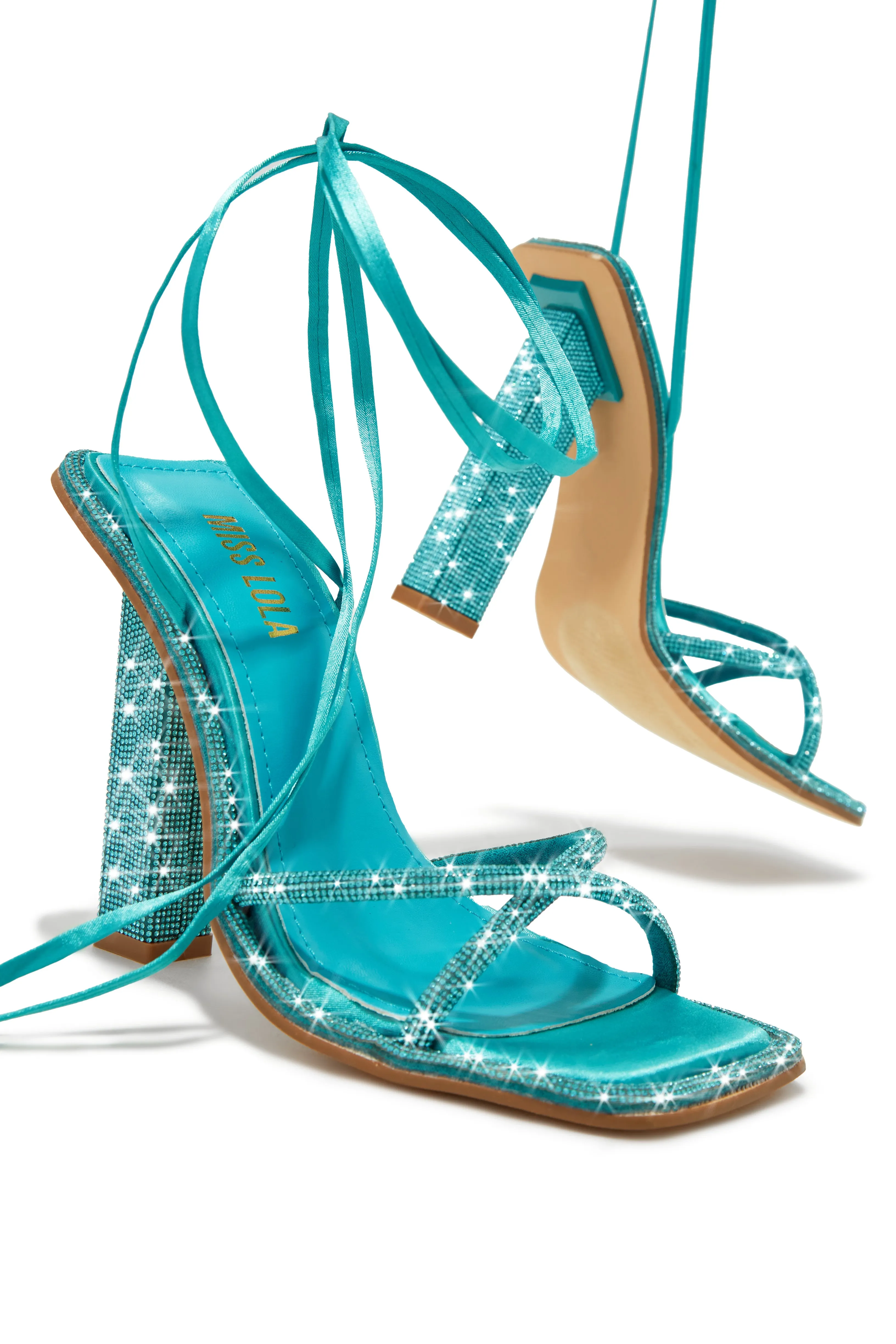 Crystal Embellished Lace Up High Heels - Aqua