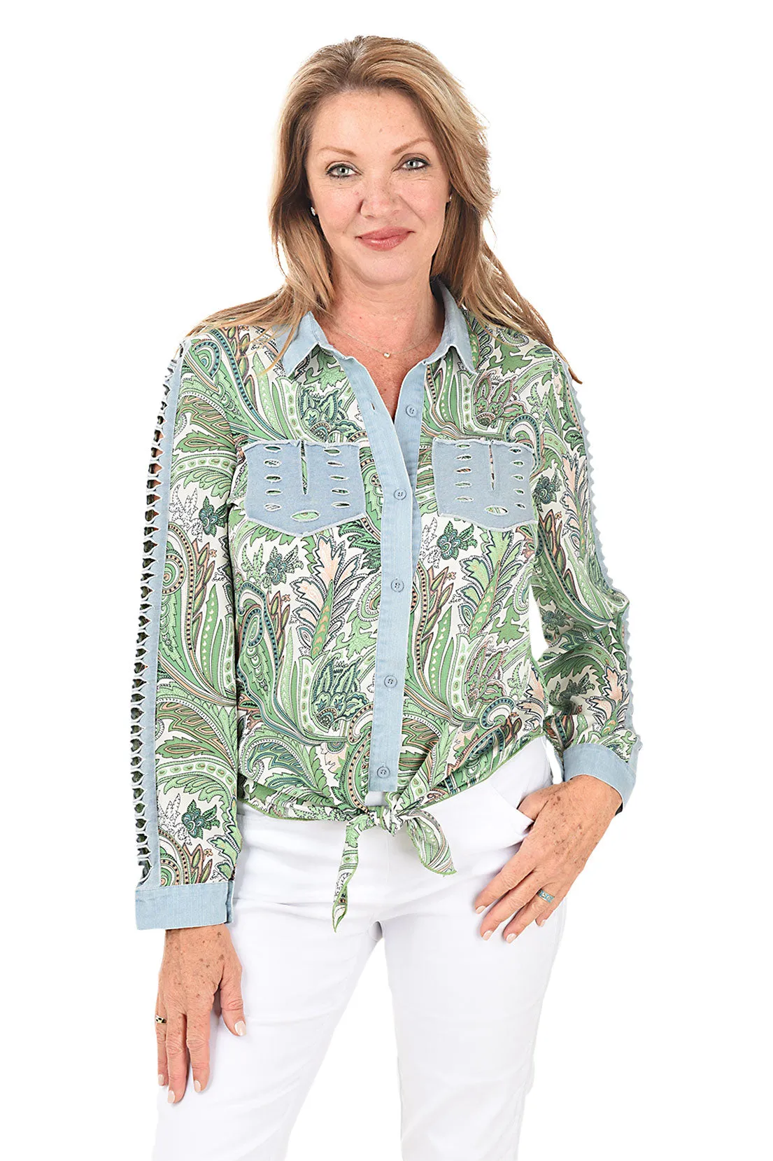 Green Paisley Denim-Accented Shirt