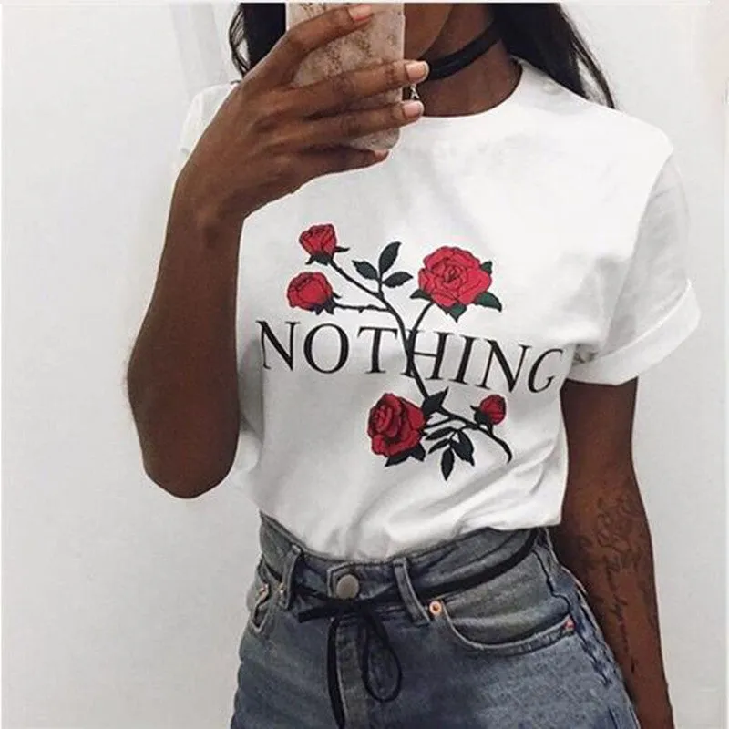 Nothing Letter Rose Print Female T Shirt  Harajuku T-Shirts Women 2017 New Summer Short Sleeve Casual Clothing Punk Tee Tops