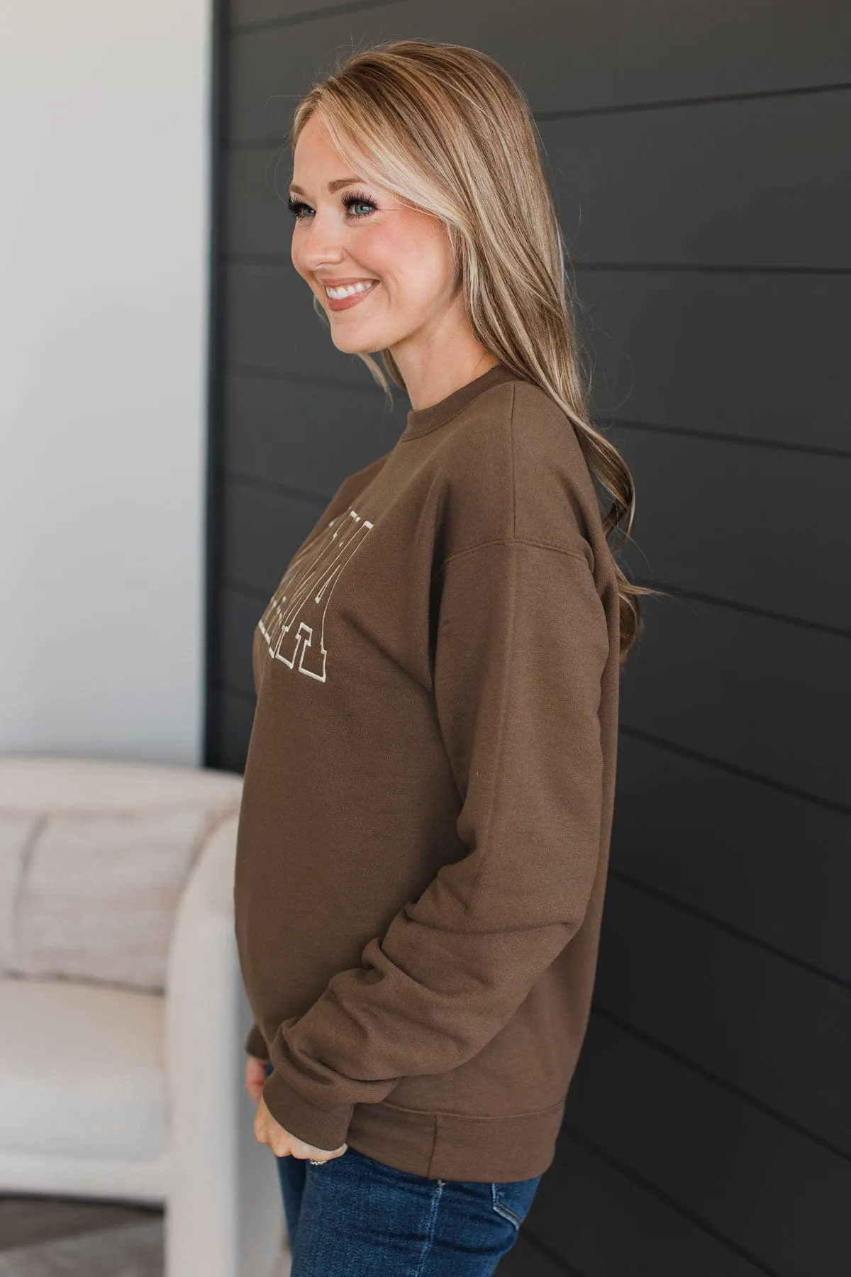 "Mama" Embroidered Crew Neck Pullover- Chocolate