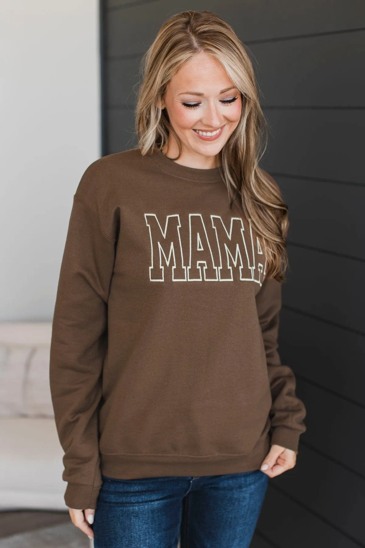 "Mama" Embroidered Crew Neck Pullover- Chocolate