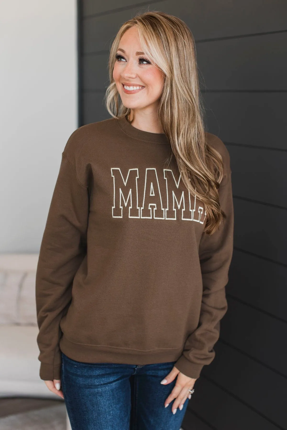 "Mama" Embroidered Crew Neck Pullover- Chocolate