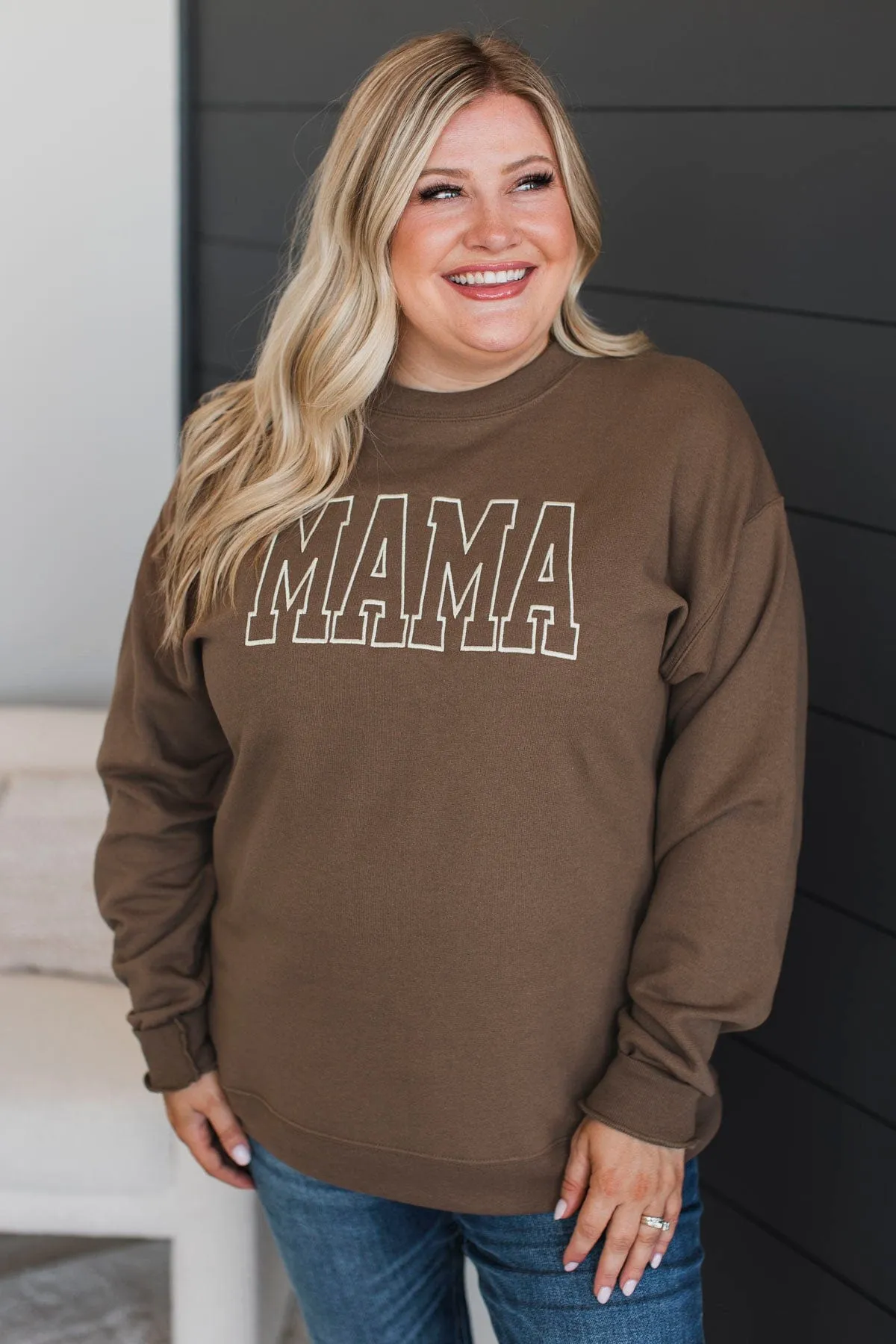 "Mama" Embroidered Crew Neck Pullover- Chocolate