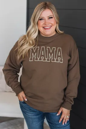 "Mama" Embroidered Crew Neck Pullover- Chocolate