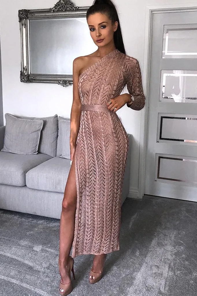 Rose Gold Knitted One Shoulder Belted Dress - Kasyn