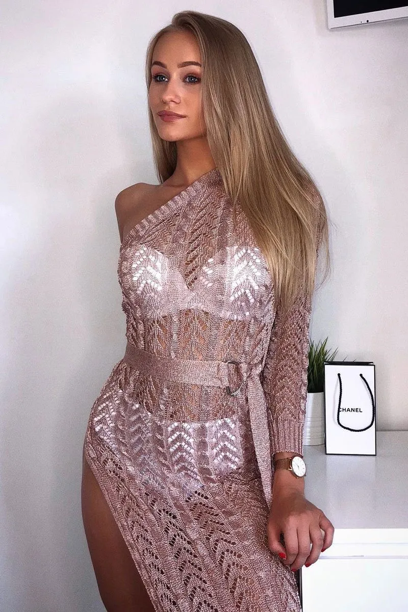 Rose Gold Knitted One Shoulder Belted Dress - Kasyn