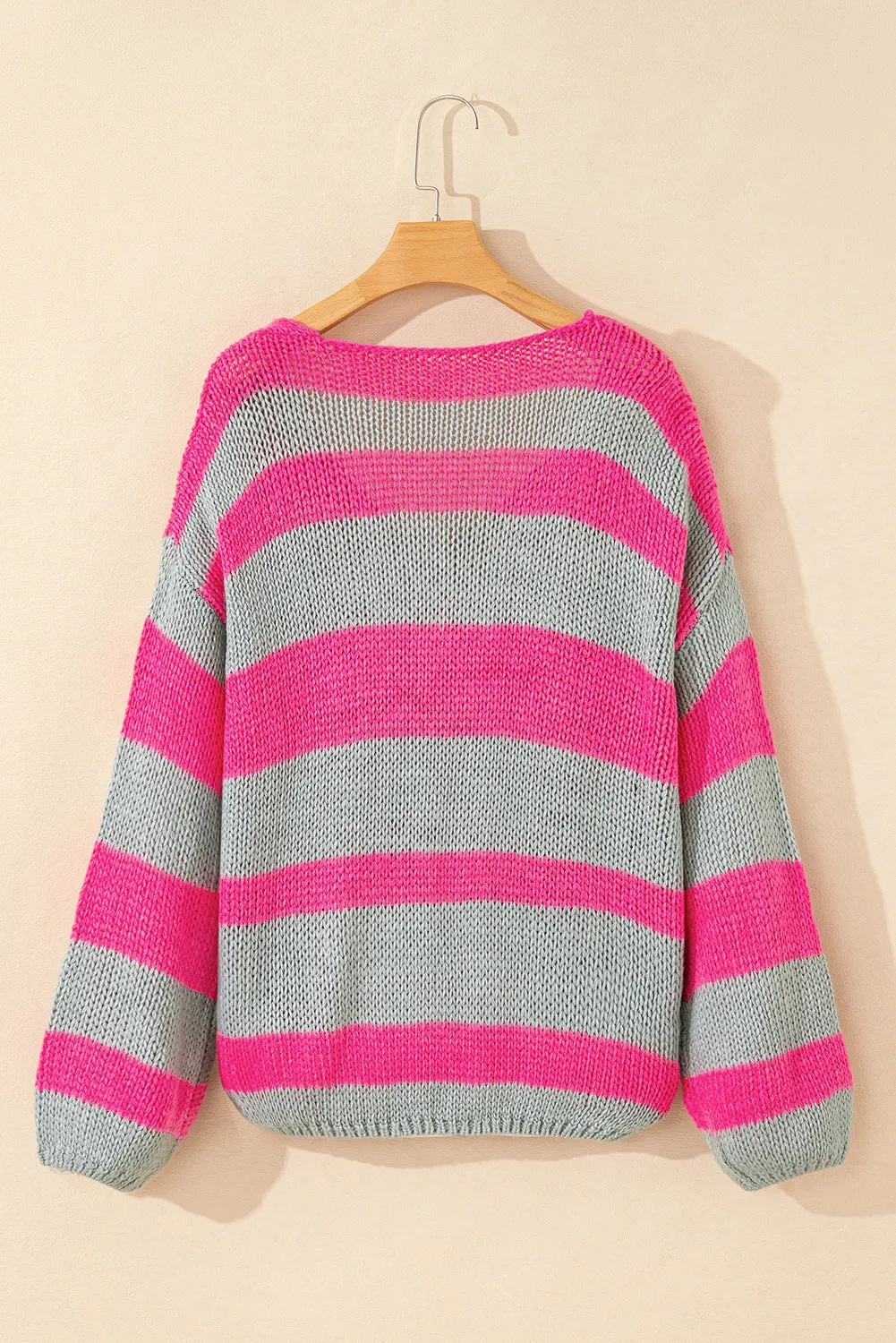 Rose Striped Colorblock Knit V Neck Loose Fit Sweater