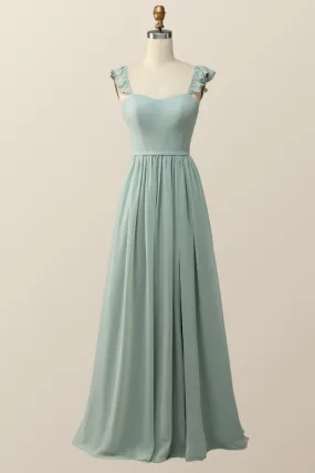 Straps Green Chiffon Long Bridesmaid Dress