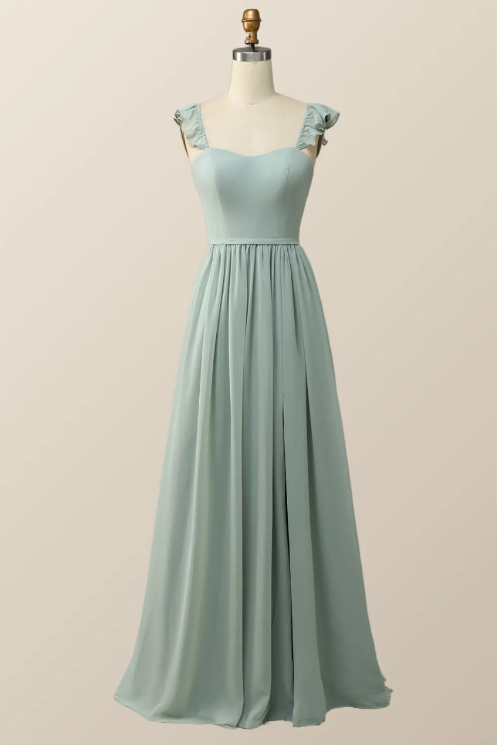 Straps Green Chiffon Long Bridesmaid Dress