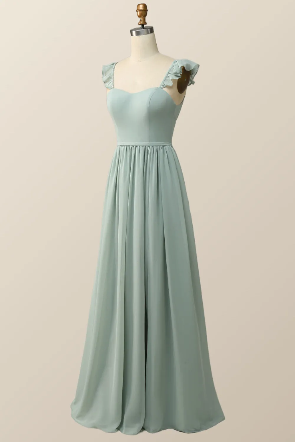 Straps Green Chiffon Long Bridesmaid Dress