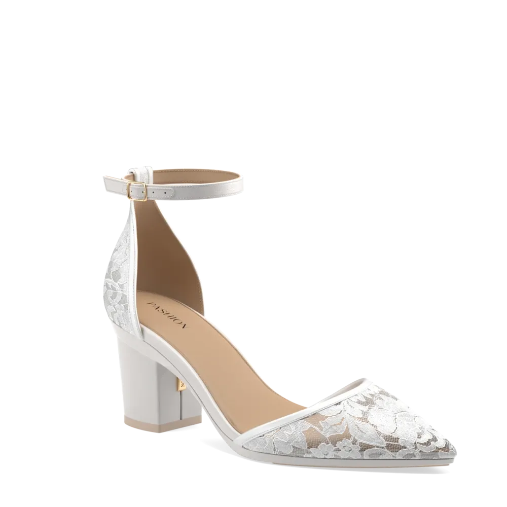 The D'Orsay - White Satin Lace   Block Heel Kit 3 White